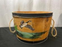 Handpainted Wooden Bucket, w/ Flying Canadian Goose over pond scene, signed by artist C. Meyer