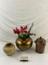 3 pcs Vintage Urn Assortment. 2 Ceramic Urns, Signed by Artists. 1 Indian Brass Urn. See pics.