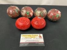 6x Small Jewelry Boxes w/ Lids, 2x faux carved Cinnabar, 4x Cloisonne Enameled Brass Apples