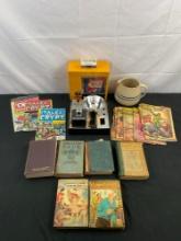 16 pcs Vintage Children's Books Assortment, 1 Kodak Brownie Hawkeye & 1 Ceramic Pitcher. See pics.