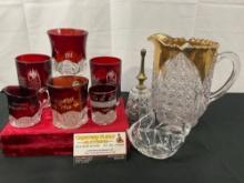 6x Antique Etched Ruby Glasses, Marquis by Waterford dish, Hobstar & Diamond Pattern Gilt Pitcher