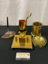 Assorted Brass, MCM Footed Pen Cup, Pen Holders, Ashtray, and Calipers