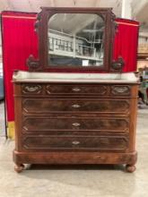 Antique Marble Topped Wooden Vanity w/ Ornately Carved Mirror & 6 Drawers. Beautiful Details. See