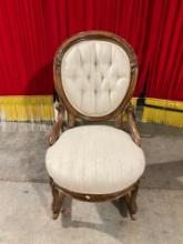 Antique Sweetly Carved Wooden Ladies Rocking Parlor Chair w/ Modern Cream Upholstery. See pics.