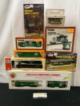 Assorted HO Scale Train Cars and Accessories, Bachmann, Con-Cor, Tyco, Atlas, 8 boxes