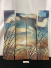 Tetraptych of 4 Panels by Dennis Stevens, Painted Ceramic Beach Scene