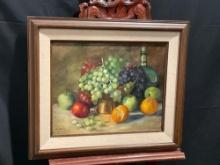 Framed Oil on Canvas by M. Jarrett, Still Life Fruit in a footed bowl
