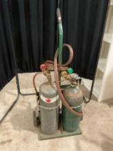 Dolly w/ Acetylene & Oxygen Tanks + Valves, Gauges, & Tubing - See pics