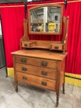 Antique Wheeled Wooden Vanity w/ Revolving Mirror & 5 Drawers. Measures 36" x 64" See pics.