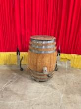 Vintage Wheeled Banded Empty Wooden Barrel w/ Multiplex Faucet. Measures 26" x 15" See pics.
