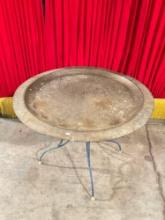 Vintage Round Blue Metal Patio Table w/ Ornately Patterned Brass Top. Measures 35.5" x 28" See pi...