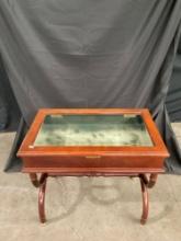 Vintage Wooden Side Table Display Case w/ Inset Glass Lid, Green Felt Lining & Curved Legs. See