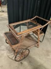 Gorgeous Vintage Glass Top Wicker/ Rattan Tea Cart w/ Wagon Wheels - See pics