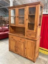 Vintage Canadian 2-Piece Lighted Wooden Hutch China Cabinet w/ 6 Cupboards & 2 Drawers. See pics.