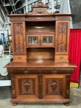Antique 1800s German Fruit Carved 2-Piece Wooden Kitchen Hutch w/ 4 Cupboards & 4 Drawers. See pi...