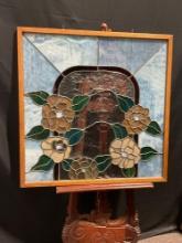 Framed Vintage Floral Stained Glass Window, Blue Sky & a Brown Arch