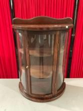 Vintage Miniature Half-Moon Shaped Wooden Display Case w/ 2 Shelves & Curved Glass Front. See pics.