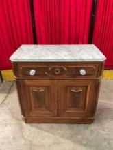 Antique Gray Marble Topped Wooden Commode Bathroom Cabinet w/ Drawer & Cupboard. See pics.