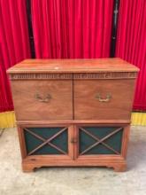 Vintage Wooden Record Cabinet w/ 2 Cupboards, Decorative Floral Trim & Green Insets. See pics.