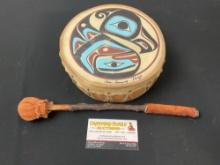 Handcrafted Native American Tlingit Drum signed by Artist Odin Lonning, handpainted Eagle/Whale