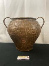 Antique Handmade Copper 2-handled Vase, likely Indian, w/ fine scrollwork engraving & knight emblem