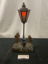 Vintage Bronze Figural Lamp, Streetlamp w/ Children & Dog playing Below, 17 inches tall