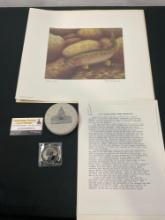 Unframed Artist Proof titled Rainbow Trout by Ray Nichol & WA State Capitol Bldg paperweight & Coin