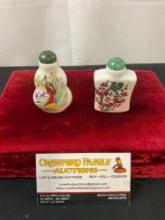 Pair of Chinese Snuff Bottles, Painted Porcelain w/ Jade/Jadeite Stone Caps