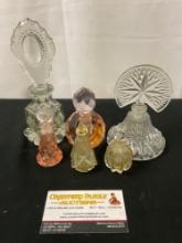 6 Vintage/Antique Perfume Bottles, Crystal of clear, Pale Yellow and Pink
