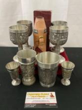 8 Pewter Cups & W.A. Goold 100% Saddle Leather Flask w/ 4 shot glasses