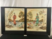 Pair of Antique Large Hand Painted Watercolor titled Fame And Beauty by artist Andre