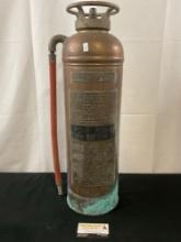 Antique 2 1/2 Gallon Brass & Copper Allen Foam Fire Extinguisher, Empty w/ Hose