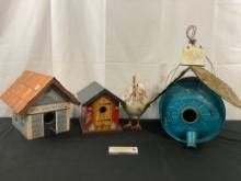 Blue Gallon Oil Can Birdhouse, Pair of Folk Birdhouses, Sheet Metal Chicken