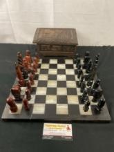 White & Black Marble Chessboard w/ Handcarved Chess Pieces made of Black & Brown Marble
