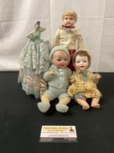 4x Vintage Dolls, German Bisque Baby, MB Bisque, French Half Doll w/ Flowy Lace Dress & Cast Metal