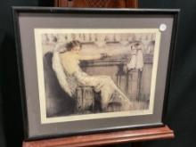 Framed Louis Icart Print titled Woman with Dogs at a Bar