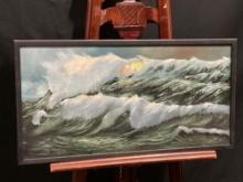 Framed Original Oil on Canvas, Crashing Waves by Mary Seymour 1960