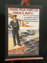 Framed Print of a WWII US Navy Recruitment Ad, Young Men Wanted