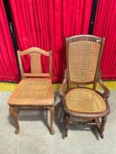 2 pcs Vintage Caned Wooden Chairs. N. F. W. Co. FJ Atkinson Spoon Carved Rocking Chair. See pics.