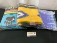 Trio of St. Labre Indian School Blankets, 1x Blue, 1x Multicolored w/ Animal Print & 1x Yellow/Blue