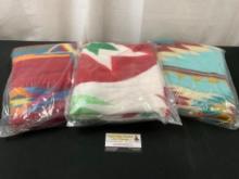 Trio of St. Labre Indian School Blankets, 1x Red Multicolor, 1x Green/White/Red & 1x Blue Multico...