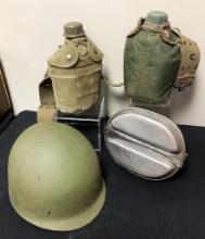 U.S. Military Mess Kit - 1943;     2 Military Canteens;     Military Helmet
