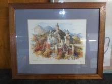 Artwork-Framed and Matted Watercolor-The Castle of Neuschwanstein signed