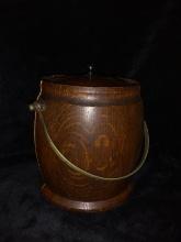 Vintage Oak Ice Bucket with Ceramic Liner and Brass Handle