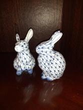 Pair of Blue and White Decorated Hand Painted Easter Rabbit Decor