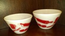 Pair of Red and White Fire King Decorated Mixing Bowls