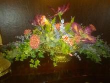 Faux Silk Flower Arrangement with Brass Grape and Leaf Double Handled Urn