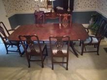 Mahogany Double Carved Leaf Pedestal Dining Table w/ 6 Mahogany Chairs