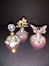 Collection of 3 Pink Satin Glass Decorated Perfume Bottles