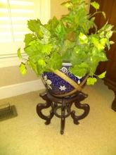 Oriental Jardiniere on Wooden Stand with Faux Flowers